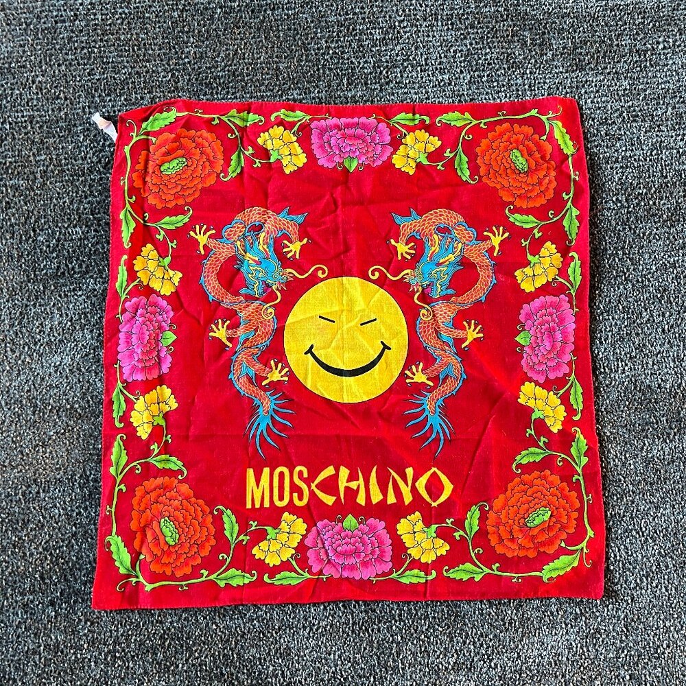 MOSCHINO Dragon Floral Print Cotton Handkerchief Hankie Scarf Red Smiley Facey